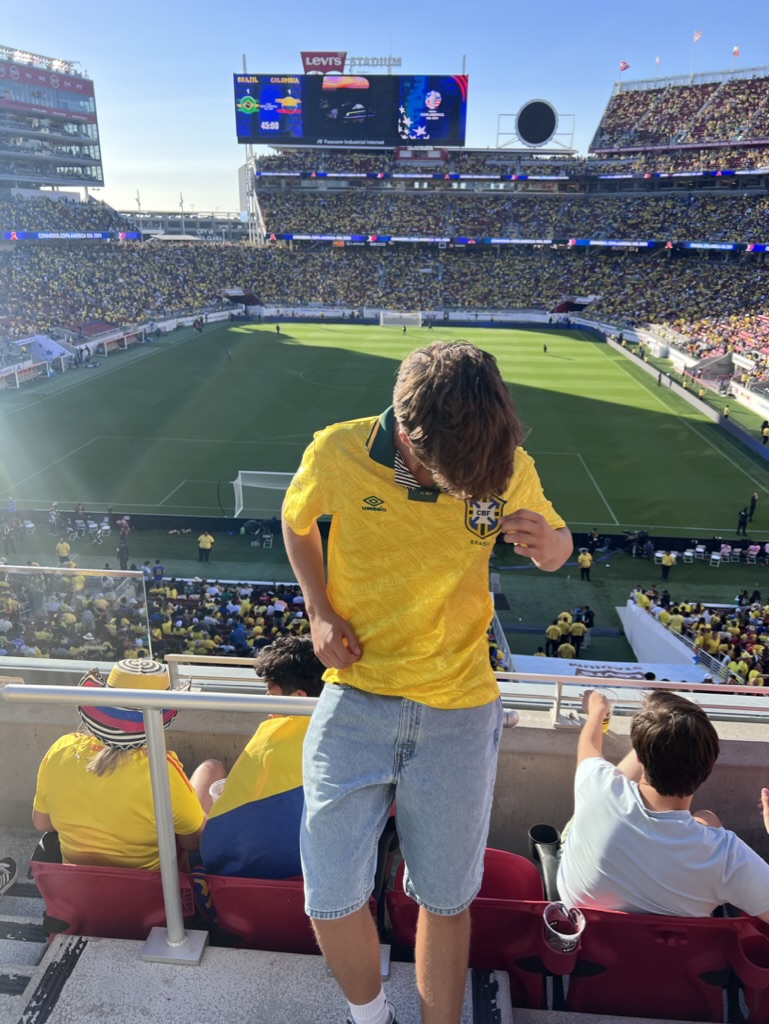 Bruno wearing a Brazil jersey at a Copa América match, Levi's Stadium.